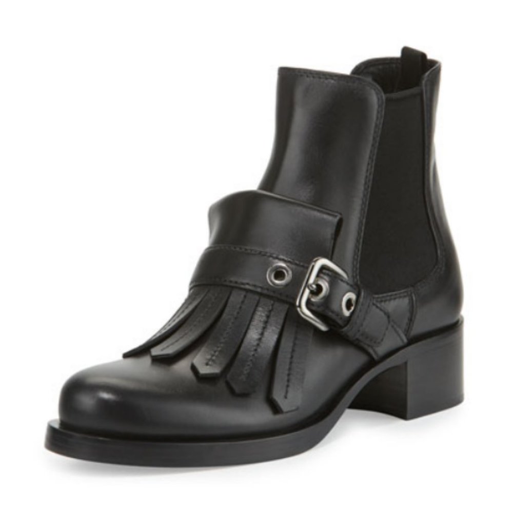 Prada Kiltie Black Calf Leather Buckled Chelsea Boot